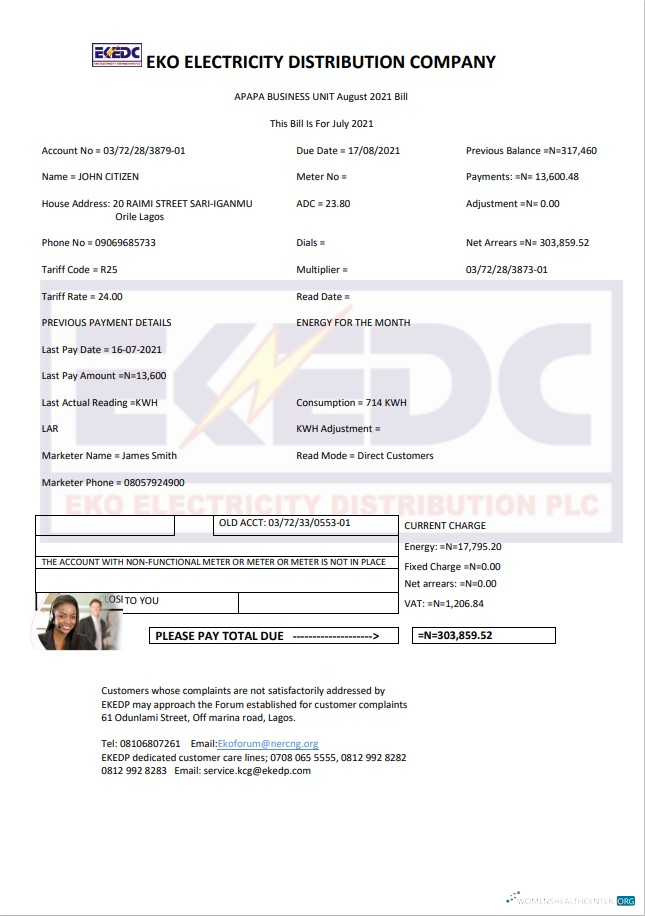 Nigeria Eko Electricity Distribution Company (EKEDC) utility bill template in Word and PDF format